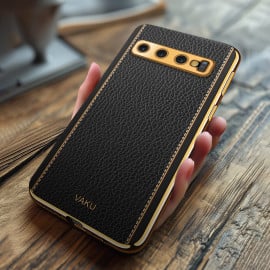 Vaku ® Samsung Galaxy S10 Luxemberg Series Leather Stitched Gold Electroplated Soft TPU Back Cover