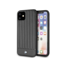BMW ® Apple iPhone 11 Real Leather Textured Case with Hot Stamped Lines Back Cover - Black