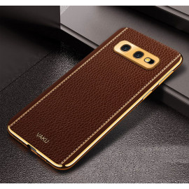 Vaku ® Samsung Galaxy S10e Luxemberg Leather Stitched Gold Electroplated Soft TPU Back Cover