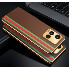 Vaku ® Vivo Y33T Felix Line Leather Stitched Gold Electroplated Soft TPU Back Cover Case