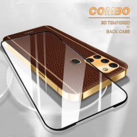 Vaku ® 2In1 Combo Samsung Galaxy A21S Luxemberg Leather Stitched Gold Electroplated Case with ESD Anti-Static Shatterproof Tempered Glass
