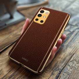 Vaku ® OnePlus 9R Luxemberg Series Leather Stitched Gold Electroplated Soft TPU Back Cover
