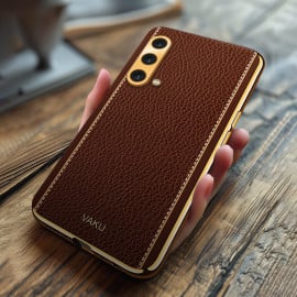 Vaku ® OnePlus Nord CE Luxemberg Series Leather Stitched Gold Electroplated Soft TPU Back Cover