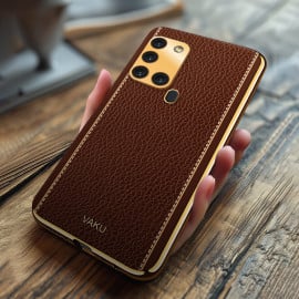 Vaku ® Samsung Galaxy A21s Luxemberg Leather Stitched Gold Electroplated Soft TPU Back Cover