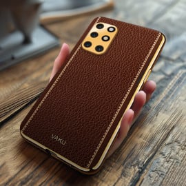 Vaku ® OnePlus 8T Luxemberg Leather Stitched Gold Electroplated Soft TPU Back Cover