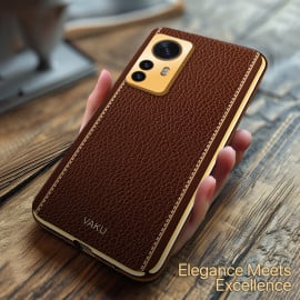 Vaku ® Xiaomi 12 Pro 5G Luxemberg Leather Pattern Gold Electroplated Soft TPU Back Cover