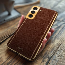 Vaku ® Samsung Galaxy S22 Plus Luxemberg Series Leather Stitched Gold Electroplated Soft TPU Back Cover