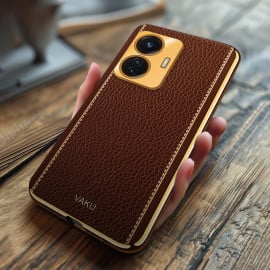 Vaku ® Vivo T1 4G Luxemberg Series Leather Stitched Gold Electroplated Soft TPU Back Cover