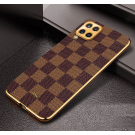 Vaku ® Samsung Galaxy A12 Cheron Series Leather Stitched Gold Electroplated Soft TPU Back Cover