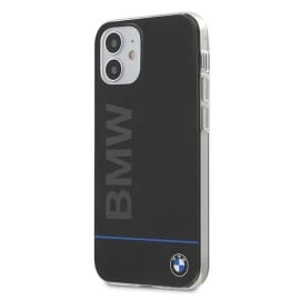 BMW ® Apple iPhone 12 / 12 Pro Shiny Hard Case Blue Horizontal Line and Printed Logo - Black