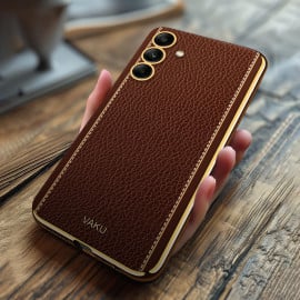 Vaku ® Samsung Galaxy A54 5G Luxemberg Series Leather Stitched Gold Electroplated Soft TPU Back Cover