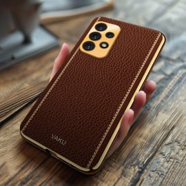 Vaku ® Samsung Galaxy A23 4G Luxemberg Series Leather Stitched Gold Electroplated Soft TPU Back Cover