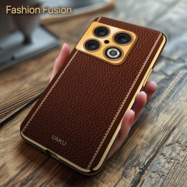 Vaku ® OnePlus 10 Pro Luxemberg Series Leather Stitched Gold Electroplated Soft TPU Back Cover