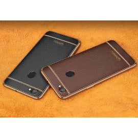 Vaku ® Oppo F7 Leather Stitched Gold Electroplated Soft TPU Back Cover