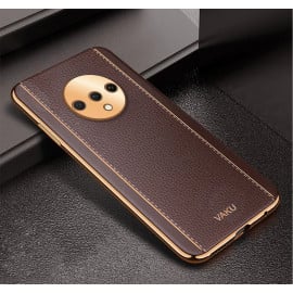 Vaku ® Oneplus 7T Vertical Leather Stitched Gold Electroplated Soft TPU Back Cover