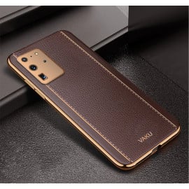 Vaku ® Samsung Galaxy S20 Ultra Vertical Leather Stitched Gold Electroplated Soft TPU Back Cover