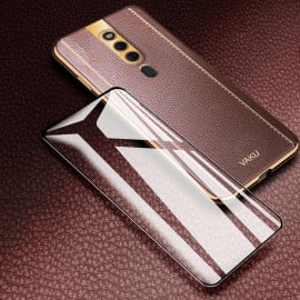 Vaku ® 2In1 Combo Oppo F11 Pro Luxemberg Leather Stitched Gold Electroplated Case with 9H Shatterproof Tempered Glass