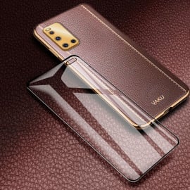 Vaku ® 2In1 Combo Vivo V19 Luxemberg Leather Stitched Gold Electroplated Case with 9H Shatterproof Tempered Glass