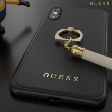 GUESS ® Apple iPhone XS Premium Luther Leather 2K Gold Electroplated + inbuilt ring stand + detachable Tassels Back Case