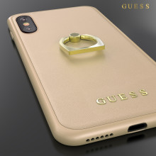 GUESS ® Apple iPhone X / XS Prama Paris Series Pure Leather 2K Gold Electroplated + inbuilt ring stand Back Case