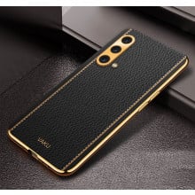 Vaku ® OnePlus Nord CE Luxemberg Series Leather Stitched Gold Electroplated Soft TPU Back Cover