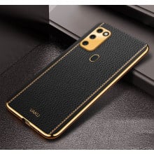 Vaku ® Samsung Galaxy M30S Luxemberg Series Leather Stitched Gold Electroplated Soft TPU Back Cover