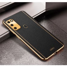 Vaku ® Samsung Galaxy M30S Luxemberg Series Leather Stitched Gold Electroplated Soft TPU Back Cover