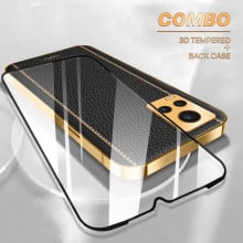 Vaku ® 2In1 Combo Vivo V20 Luxemberg Leather Stitched Gold Electroplated Case with ESD Anti-Static Shatterproof Tempered Glass