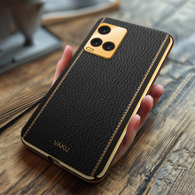 Vaku ® Vivo Y33T Luxemberg Series Leather Stitched Gold Electroplated Soft TPU Back Cover