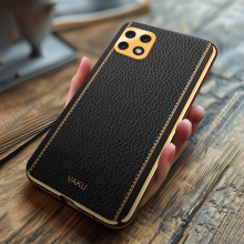 Vaku ® Samsung Galaxy A22 5G Luxemberg Series Leather Stitched Gold Electroplated Soft TPU Back Cover