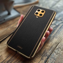 Vaku ® Redmi Note 9 Pro Max Luxemberg Series Leather Stitched Gold Electroplated Soft TPU Back Cover