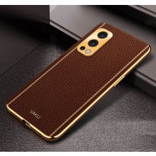 Vaku ® OnePlus Nord 2 Luxemberg Series Leather Stitched Gold Electroplated Soft TPU Back Cover
