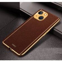 Vaku ® For Apple iPhone 13 Luxemberg Series Leather Stitched Gold Electroplated Soft TPU Back Cover