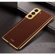 Vaku ® Samsung Galaxy S22 Luxemberg Series Leather Stitched Gold Electroplated Soft TPU Back Cover