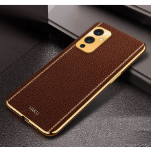 Vaku ® OnePlus 9 Luxemberg Series Leather Stitched Gold Electroplated Soft TPU Back Cover