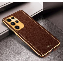 Vaku ® Samsung Galaxy S23 Ultra Luxemberg Series Leather Stitched Gold Electroplated Soft TPU Back Cover