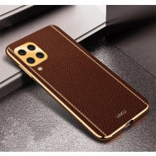 Vaku ® Samsung Galaxy M32 Luxemberg Series Leather Stitched Gold Electroplated Soft TPU Back Cover