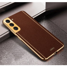 Vaku ® Samsung Galaxy S21 FE 5G Luxemberg Series Leather Stitched Gold Electroplated Soft TPU Back Cover