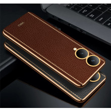 Vaku ® Vivo Y17s Luxemberg Leather Stitched Gold Electroplated Soft TPU Back Cover Case
