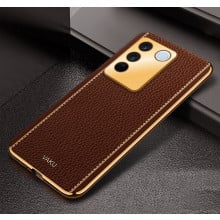 Vaku ® Vivo V27 5G Luxemberg Leather Pattern Gold Electroplated Soft TPU Back Cover