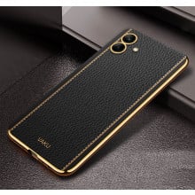 Vaku ® Samsung Galaxy A04 Luxemberg Series Leather Stitched Gold Electroplated Soft TPU Back Cover