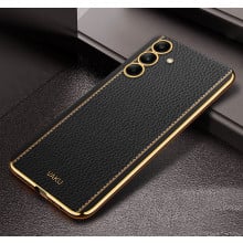 Vaku ® Samsung Galaxy S24 Luxemberg Leather Pattern Gold Electroplated Soft TPU Back Cover