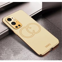 Vaku ® OnePlus 9 Pro Skylar Series Leather Stitched Gold Electroplated Soft TPU Back Cover