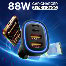 DR VAKU ® NOARVOLT 88W Car Charger Fast Charging 4-Port Dual 2X 35W Type C PD PPS + 2X 18w QC 3.0 USB For iPhone 17/16/15/14/13 etc, Samsung All Series, Tablets, & Android Smartphones