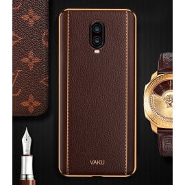 Vaku ® OnePlus 6T Vertical Leather Stitched Gold Electroplated Soft TPU Back Cover