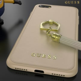 GUESS ® Apple iPhone SE 2020 Premium Luther Leather 2K Gold Electroplated + inbuilt ring stand + detachable Tassels Back Cover