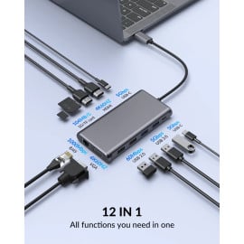 Eller Sante ® Triple Display USB C Hub with Dual 4K HDMI & 1080P VGA, 100W Power Delivery, 1Gbps Ethernet, USB-C and 4 USB-A Data Ports, SD TF Card Reader, for MacBook and Windows