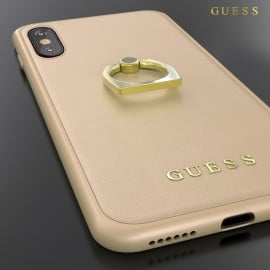 GUESS ® Apple iPhone X / XS Prama Paris Series Pure Leather 2K Gold Electroplated + inbuilt ring stand Back Case