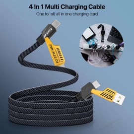 Vaku Luxos ® 4-in-1 65W Fast Charging Flat Nylon Braided Data Sync Cable With USB, Lightning, C-Type Ports