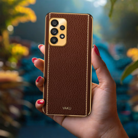 Vaku ® Samsung Galaxy A32 4G Luxemberg Series Leather Stitched Gold Electroplated Soft TPU Back Cover